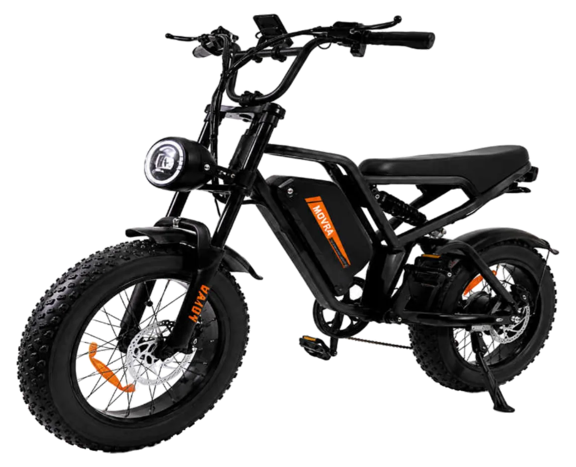 MOVRA O9 preto, bike elétrica 500 W, vista em três quartos, recortada sem fundo