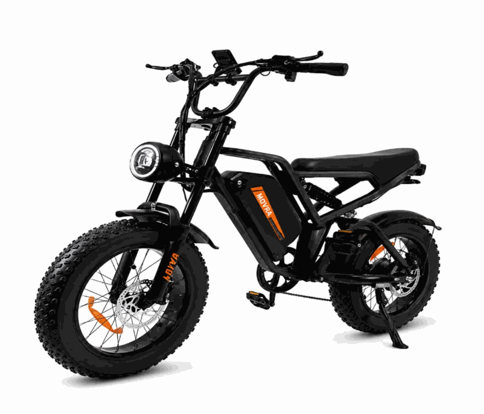 MOVRA O9 preto, bike elétrica 500 W, vista em três quartos em estúdio
