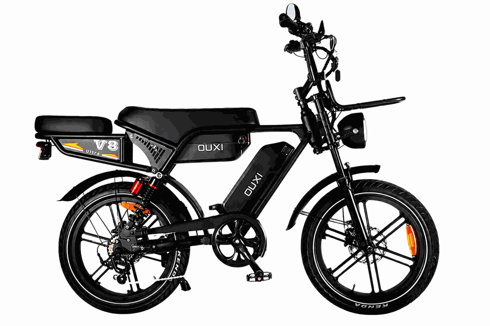 MOVRA V8 ULTRA preta, bike elétrica 1000 W, vista lateral em estúdio